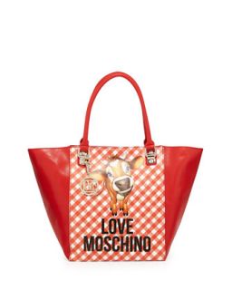 Cow Gingham Print Faux Leather Tote Bag, Red   Love Moschino