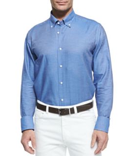 Mens Chambray Button Down Shirt, Blue   Blue (XL)