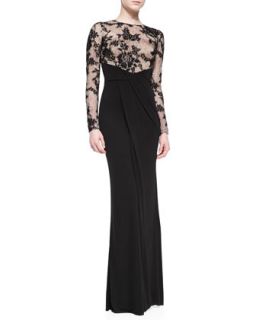Womens Long Sleeve Illusion Lace Gown, Black   David Meister   Black (8)
