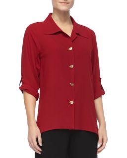Womens Crepe Button Front Shirt, Petite   Caroline Rose   Red (PM (10))