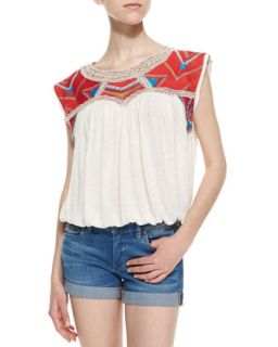 Womens Chevron Embroidered Disco Tee, Snow Combo   Free People   White (SMALL)