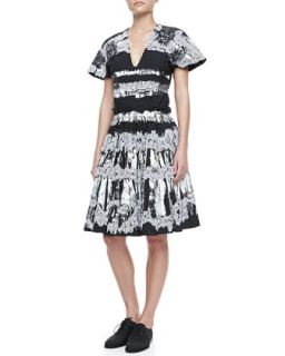 Womens Pleated Lace & Paint Print Dress, Black/White   Bottega Veneta  