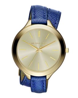 Mid Size Navy Leather Double Wrap Watch   Michael Kors   Gold/Navy