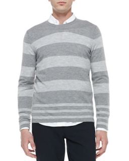 Mens Long Sleeve Crewneck Striped Wool Cashmere Sweater, Gray   Vince   Grey