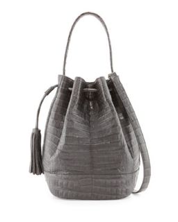 Medium Crocodile Tassel Bucket Bag, Charcoal   Nancy Gonzalez