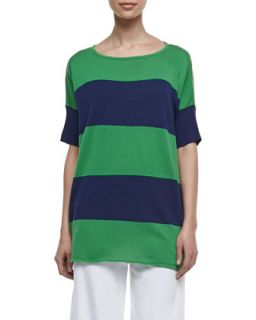 Striped Boxy Sweater, Womens   Joan Vass   Navy/Emerald (2X (18/20))