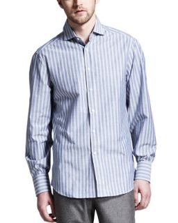 Mens Striped Spread Collar Shirt, Blue/Brown   Brunello Cucinelli   Blue/Brown