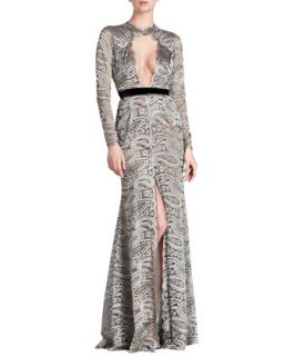 Womens Paisley Lace Gown with Front Keyhole   Naeem Khan   Gunmetal (6)