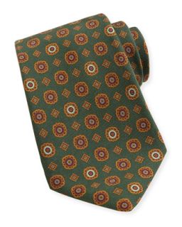 Mens Medallion Print Woven Tie, Green   Kiton   Green
