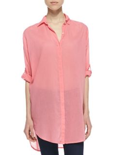 Womens Oversized Tab Sleeve Voile Shirt, Hibiscus   Sundry   Pink (SMALL)