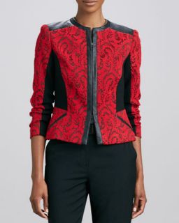 Womens Textured Jacquard Leather Trim Jacket   Magaschoni   Rouge red (6)