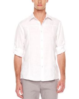 Mens Tab Sleeve Linen Shirt   Michael Kors   White (LARGE)