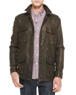 Mens Leather Military Inspired Field Jacket   Billy Reid   Brown (LARGE)