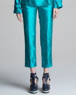 Womens Cropped Shantung Pants with Cuffs   Jean Paul Gaultier   Turquoise