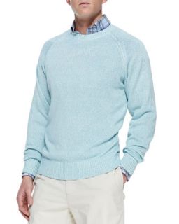 Mens Linen Cotton Crewneck Sweater, Blue   Peter Millar   Blue (LARGE)