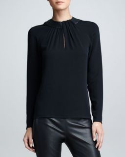 Womens Leather Collared Silk Top, Black   Ralph Lauren Black Label   Black (12)