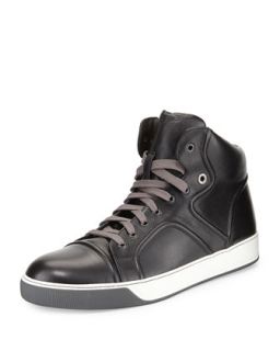 Mens Piped Leather High Top Sneaker, Black   Lanvin   Black (12/13D)