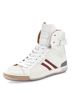 Mens Perforated High Top Sneaker, White   Bally   White (10.0D)