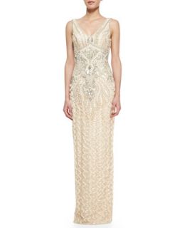 Womens Sleeveless Ribbon Long Gown with Beading   Sue Wong   Champagne (14)