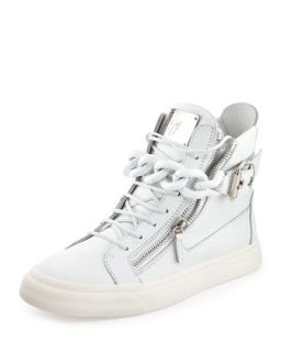 Mens Chain & Zipper Leather High Top Sneaker, White   Giuseppe Zanotti   White