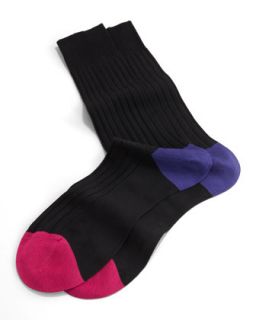 Mens Mid Calf Ribbed Socks with Contrast Heel & Toe, Black   Pantherella  