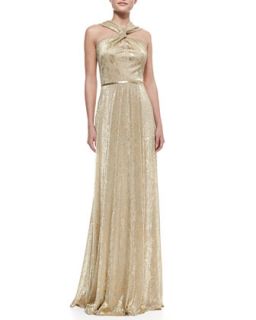 Womens Halter Style Metallic Gown, Gold   David Meister   Gold (6)