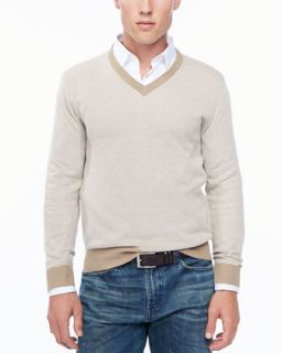 Mens Birdseye V neck sweater, sand   Beige (SMALL)