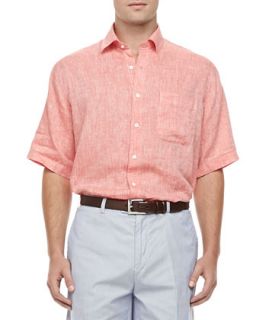 Mens Linen Short Sleeve Shirt, Nectarine   Peter Millar   Nectarine (XX LARGE)