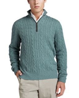 Mens Mezzocollo Cable Knit Cashmere Pullover Sweater, Green   Loro Piana  