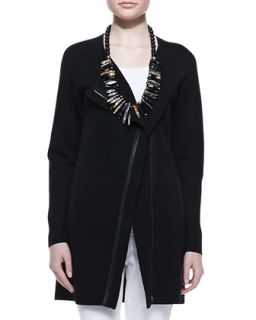 Womens Leather Trim Long Jacket, Petite   Eileen Fisher   Black (PL (14/16))