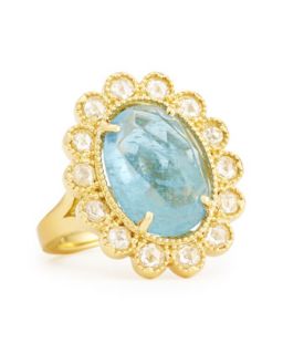 Oval Rose Cut Aquamarine & Diamond Scalloped Ring   Penny Preville   Aqua blue