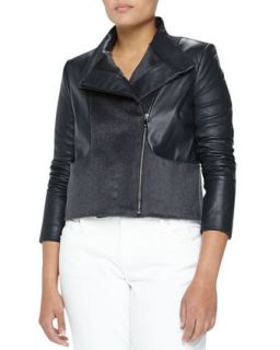 Womens Asymmetric Wool & Leather Jacket, Blue/Gray   Monique Lhuillier  