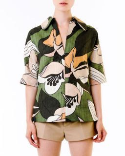 Womens Floral Print Collared Tunic   Marni   Green khaki (38/2)
