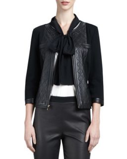 Womens Milano Knit Jacket with Leather, Caviar   St. John Collection   Caviar