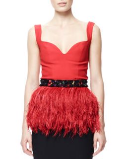 Womens Ostritch Feather Peplum Top with Beaded Belt   Alexander McQueen   Red