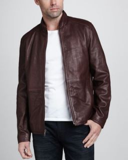 Mens Links Stand Collar Leather Jacket, Oxblood   Andrew Marc   Wine (LARGE)