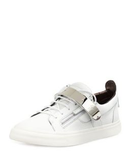 Mens Zip & Buckle Low Top Sneaker, White   Giuseppe Zanotti   White (46/13D)