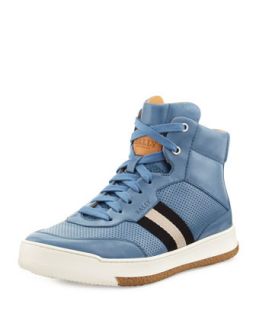 Mens Leather Web Detail High Top Sneaker, Blue   Bally   Blue (10.5D)