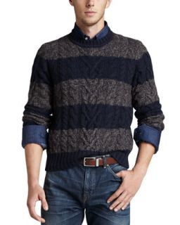 Mens Rugby Striped Cable Knit Sweater, Gray/Navy Stripe   Na (XL)