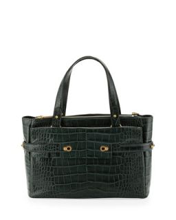 Strappy Croco Leather Golden Latch Tote, Hunter   Elaine Turner