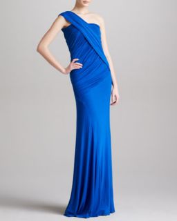 Womens Draped Ruched One Shoulder Gown, Electric Blue   Donna Karan   Electric