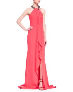 Womens Beaded Halter Draped Front Gown   Carmen Marc Valvo   Coral (8)
