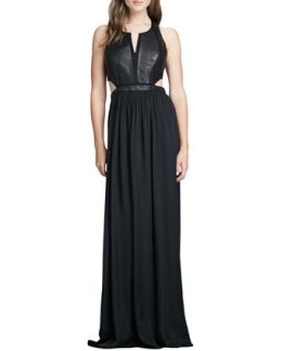 Womens Leather Panel Cutout Gown   Rebecca Taylor   Black (4)