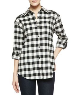 Womens Piper Check Button Down Shirt with Leather Tabs   Alice + Olivia  