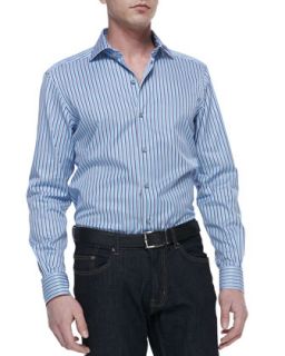 Mens Multi Stripe Poplin Shirt, Blue   Ermenegildo Zegna   Blue (SMALL)