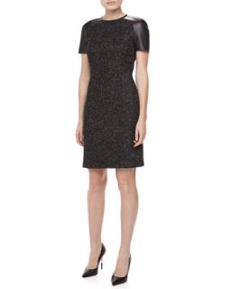 Womens Leather Sleeve Tweed Dress, Charcoal/Black   Michael Kors  