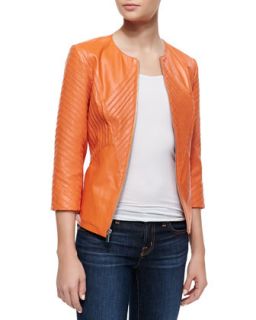 Womens Ribbed Leather Jacket, Orange   Orange (X LARGE(16))
