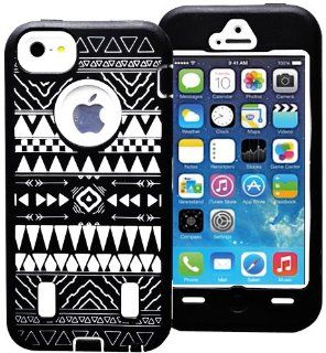 myLife (TM) White + Black Tribal Pattern Survival Armour Suit (Built in Screen Protector) 3 Layer Case for iPhone 5/5S (5G) 5th Generation iTouch Smartphone by Apple (Internal 2 Piece Snap On Hard Rubberized Plating + External Fitted Soft Silicone Bumper G