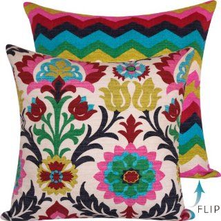 Cinco de Mayo Collection   Designer Decorative 20" Square Throw Pillow Cover   Floral, Flowers and Zig Zags  Bright Pink, Green, Green, Yellow, Red, Blue and Ivory Hues   1 Cover, 2 Looks   Multicolored Throw Pillow