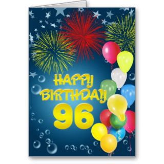 96th Birthday card with fireworks and balloons